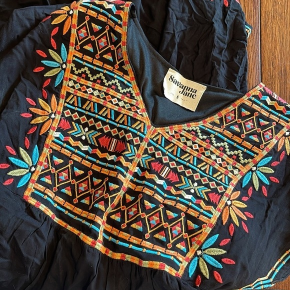 Savannah Jane Embroidered Black Midi Shirt Sleeve Dress Tiered Ruffle Small - Picture 4 of 8